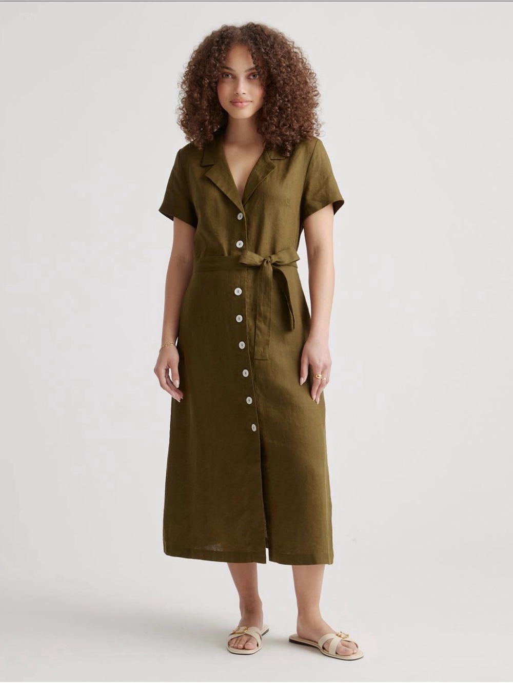 Quince Olive Green Button-Front Linen Midi Dress with Tie Waist